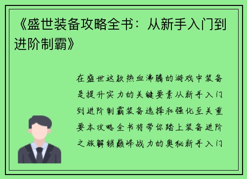 《盛世装备攻略全书：从新手入门到进阶制霸》